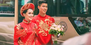 Áo dài ăn hỏi thêu chỉ vàng của Duy Mạnh - Quỳnh Anh