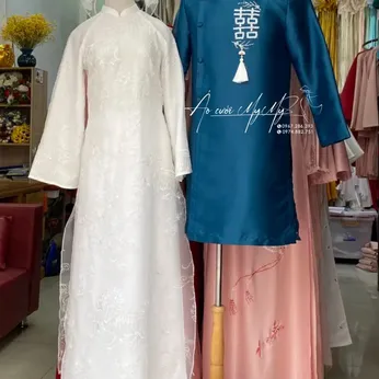 ÁO DÀI CẶP TRĂNG XANH CHỮ HỶ
