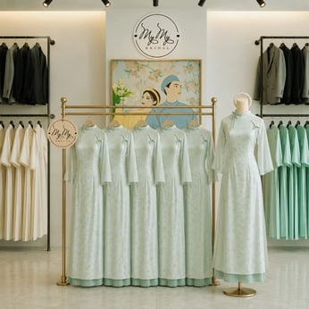 ÁO DÀI BƯNG QUẢ NỮ XANH HỌA TIẾT HOA VÀ BƯỚM