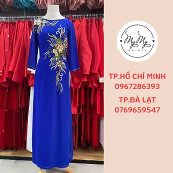 Áo dài bà sui xanh dương kết hoa eo