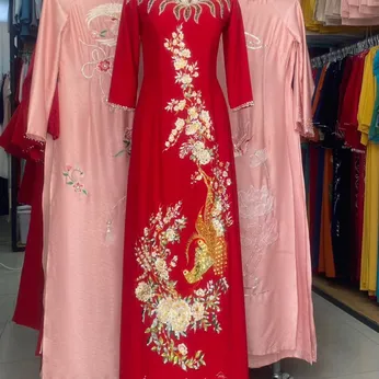 ÁO DÀI BÀ SUI ĐỎ THÊU HOA CÚC