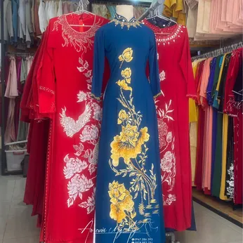 ÁO DÀI BÀ SUI XANH THÊU HOA HỒNG VÀNG