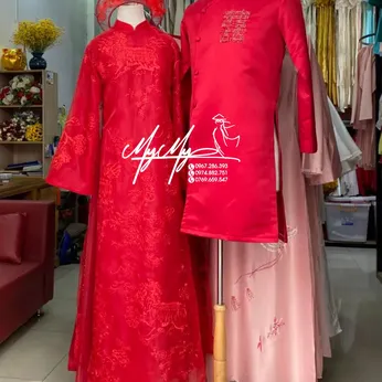 ÁO DÀI CẶP ĐỎ PHOM SUÔNG VÀ CHỮ HỶ
