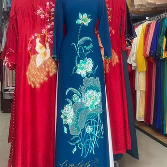 ÁO DÀI BÀ SUI XANH THÊU HỌA TIẾT SEN
