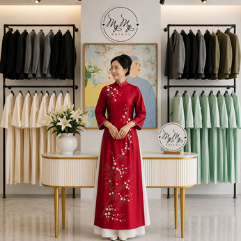 ÁO DÀI BÀ SUI ĐỎ ĐÍNH KẾT CÀNH MAI