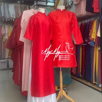 ÁO DÀI BƯNG QUẢ CẶP ĐỎ GẤM