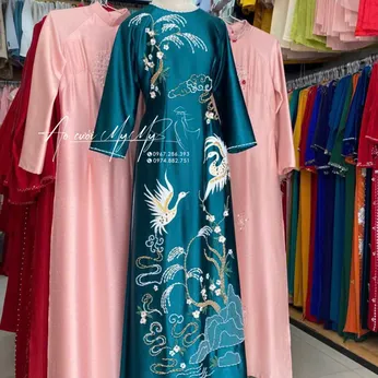 ÁO DÀI BÀ SUI XANH THÊU HẠC