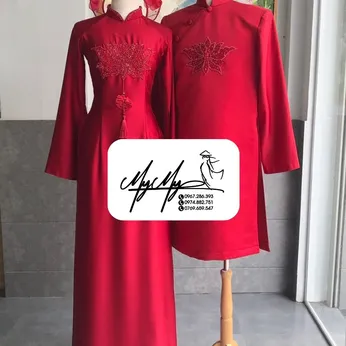 ÁO DÀI CẶP ĐỎ ĐÍNH KẾT HOA SEN ĐỎ