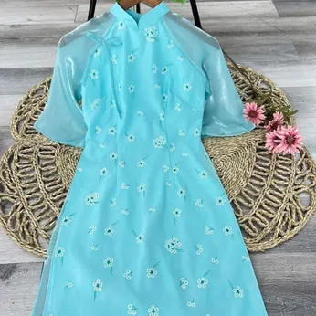 ÁO DÀI BƯNG QUẢ NỮ XANH TAY LOE IN HOA