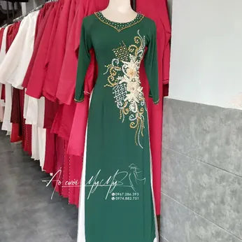ÁO DÀI BÀ SUI XANH KẾT HOA TRẮNG