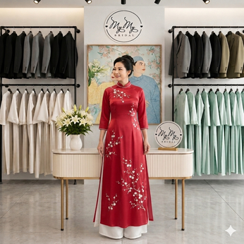 ÁO DÀI BÀ SUI ĐỎ ĐÍNH KẾT CÀNH MAI