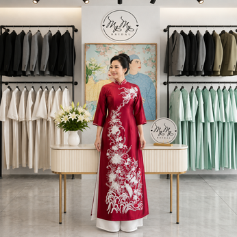 ÁO DÀI BÀ SUI ĐỎ THÊU CHIM CÔNG VÀ HOA MẪU ĐƠN