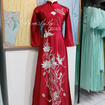 ÁO DÀI BÀ SUI ĐỎ THÊU HẠC VÀ HOA
