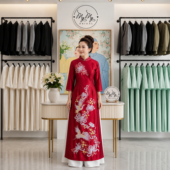 ÁO DÀI BÀ SUI ĐỎ THÊU HOA CÚC VÀ PHƯỢNG HOÀNG TRẮNG