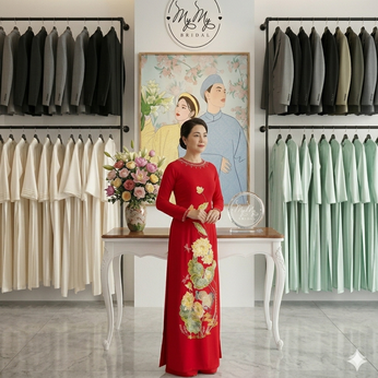 ÁO DÀI BÀ SUI ĐỎ THÊU HOA CÚC VÀNG