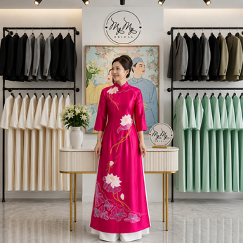 ÁO DÀI BÀ SUI HỒNG THÊU HOA SEN