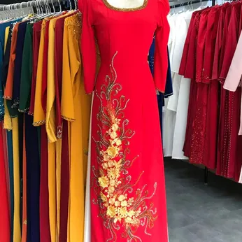 ÁO DÀI SUI ĐỎ ĐÍNH KẾT HOA MAI