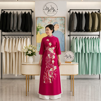 ÁO DÀI BÀ SUI HỒNG HỌA TIẾT ĐẦM SEN