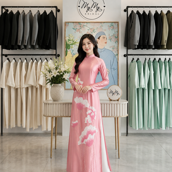 ÁO DÀI BÀ SUI HỒNG THÊU HOA
