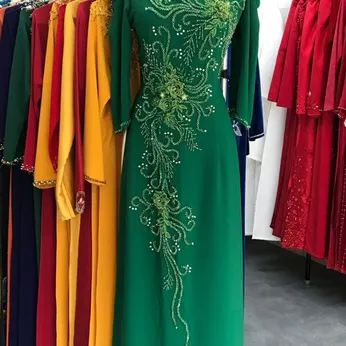 ÁO DÀI SUI XANH ĐÍNH KẾT PHA LÊ