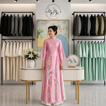 ÁO DÀI BÀ SUI HỒNG THÊU PHƯỢNG HOÀNG VÀ HOA MẪU ĐƠN