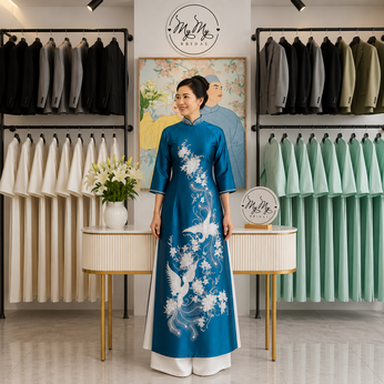 ÁO DÀI BÀ SUI XANH THÊU CHIM PHƯỢNG VÀ HOA