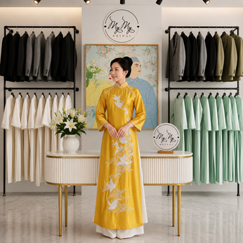 ÁO DÀI BÀ SUI VÀNG THÊU CHIM HẠC VÀ MÂY CÁT TƯỜNG