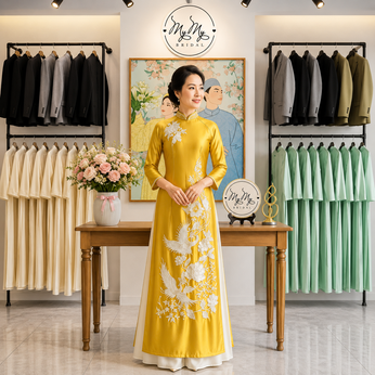 ÁO DÀI SUI VÀNG THÊU HOA HỒNG