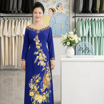 ÁO DÀI BÀ SUI XANH BÍCH THÊU HOA VÀNG