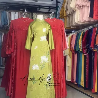 ÁO DÀI BÀ SUI XANH BƠ ĐÍNH KẾT HOA SEN
