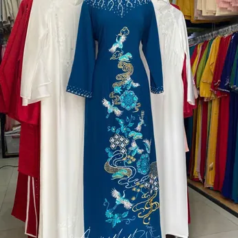 ÁO DÀI BÀ SUI XANH HỌA TIẾT HẠC VÀ HOA SEN