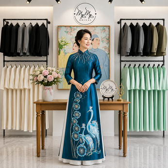 ÁO DÀI BÀ SUI XANH THÊU HOA CHIM CÔNG VÀ HOA BỒ CÔNG ANH