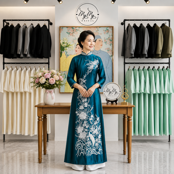 ÁO DÀI BÀ SUI XANH THÊU CHIM PHƯỢNG VÀ HOA MẪU ĐƠN