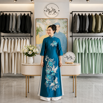 ÁO DÀI BÀ SUI XANH THÊU CHIM HẠC VÀ HOA XANH