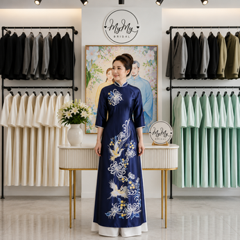 ÁO DÀI BÀ SUI XANH THÊU HOA CÚC VÀ PHƯỢNG HOÀNG TRẮNG