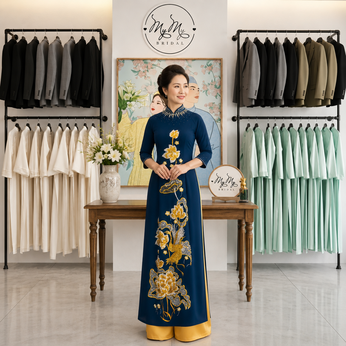 ÁO DÀI BÀ SUI XANH THÊU HOA SEN VÀNG