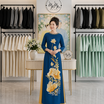 ÁO DÀI BÀ SUI XANH THÊU HOA SEN
