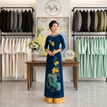 ÁO DÀI BÀ SUI THÊU HỌA TIẾT HOA SEN