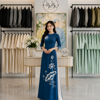 ÁO DÀI BÀ SUI XANH THÊU VÀ ĐÍNH KẾT HOA TRẮNG