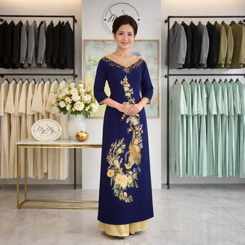 ÁO DÀI BÀ SUI XANH THÊU HOA VÀNG