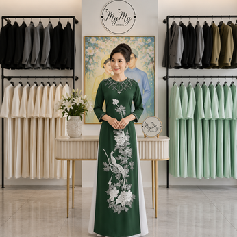 ÁO DÀI BÀ SUI XANH THÊU HOA TRẮNG