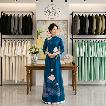 ÁO DÀI BÀ SUI XANH THÊU SEN ĐÍNH HẠT PHA LÊ