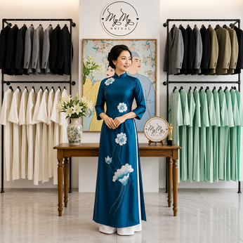 ÁO DÀI BÀ SUI THÊU SEN TRẮNG