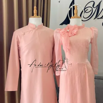 ÁO DÀI BƯNG QUẢ CẶP HỒNG CỔ BÈO KẾT NƠ