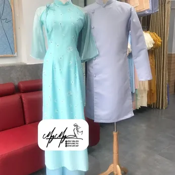 ÁO DÀI BƯNG QUẢ CẶP XANH IN HOA