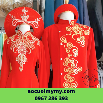 Áo dài cặp lụa đỏ vẻ  tay hoạ tiết 3D -  cho thuê áo dài cưới TP Hồ Chí Minh
