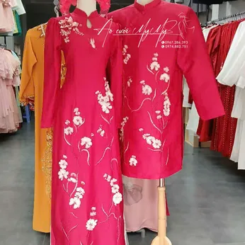 ÁO DÀI CẶP ĐỎ KẾT HOA LAN
