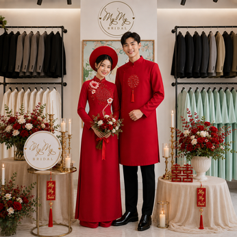 ÁO DÀI CẶP ĐỎ CHỮ HỶ VÀ HOA