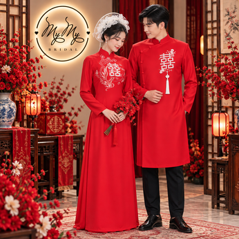 ÁO DÀI CẶP ĐỎ CHỮ HỶ VÀ CHIM PHƯỢNG HOÀNG