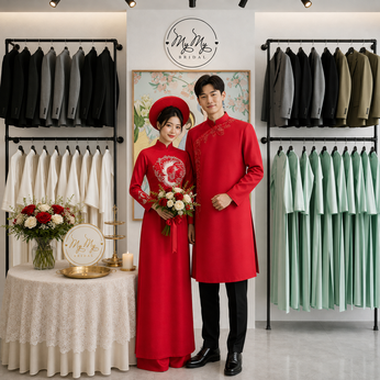 ÁO DÀI CẶP ĐỎ KẾT PHƯỢNG HOÀNG VÀ HẠT PHA LÊ